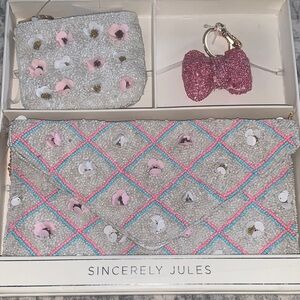 NEW- Sincerely Jules Pink and Gray Beaded Clutch Set